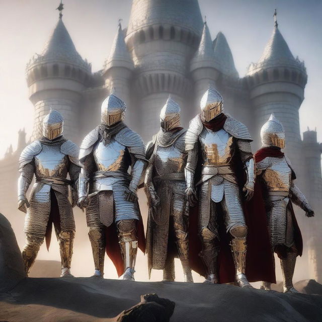 A group of human warriors, all without helmets, wearing gleaming silver armor