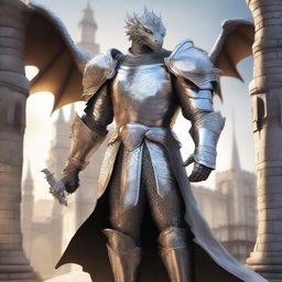 A heroic human paladin without a helmet, clad in gleaming silver armor