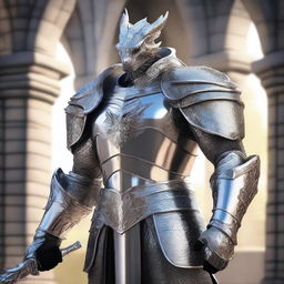 A majestic human paladin without a helmet, clad in gleaming silver armor