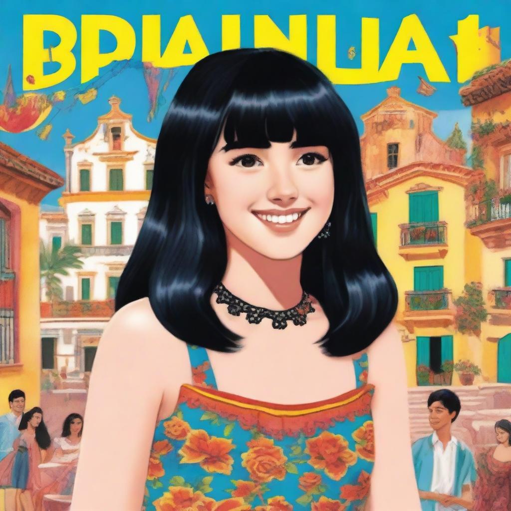 A book cover featuring a teenage girl with black hair, straight bangs, and braces who moves to Spain and loves to party