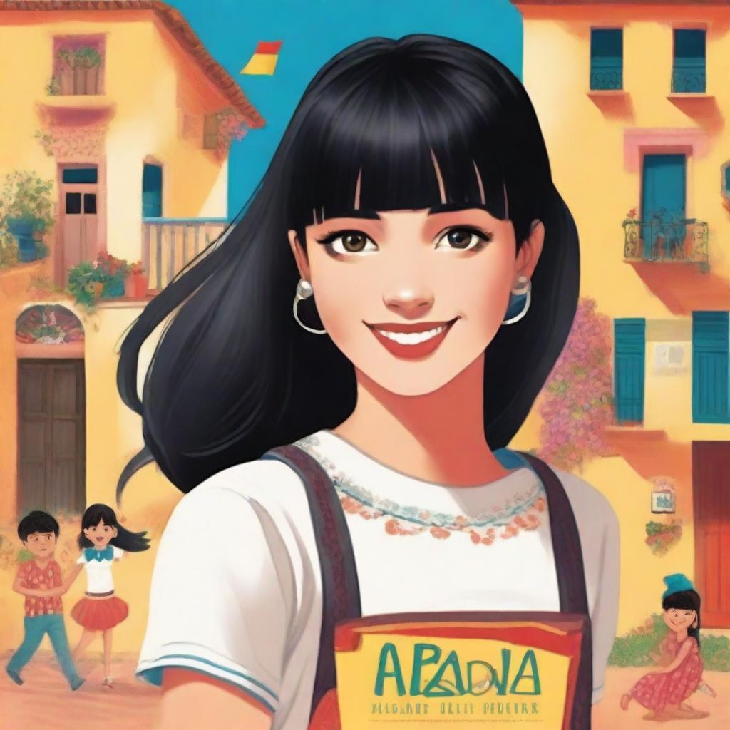 A book cover featuring a teenage girl with black hair, straight bangs, and braces who moves to Spain and loves to party