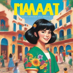 A book cover featuring a teenage girl named Naomi with black hair, straight bangs, and braces who moves to Spain