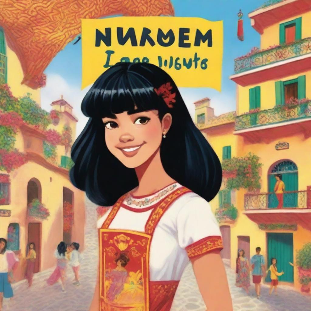 A book cover featuring a teenage girl named Naomi with black hair, straight bangs, and braces who moves to Spain