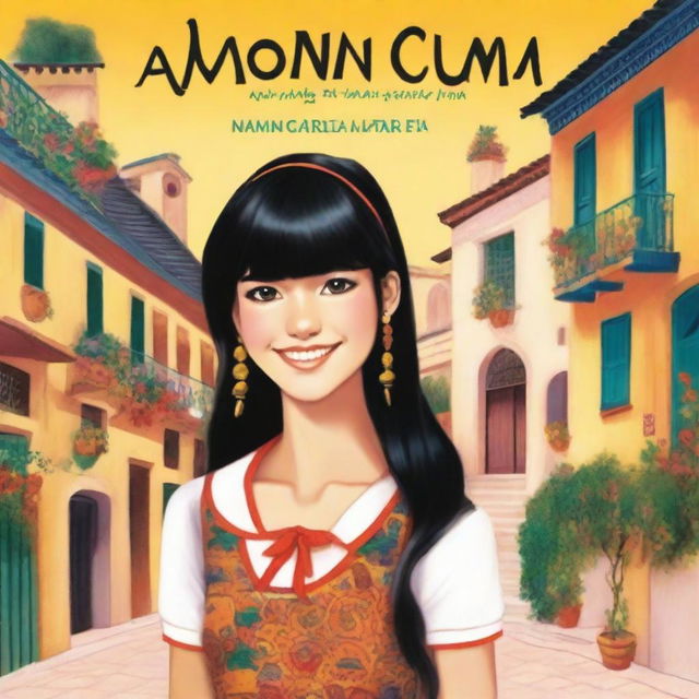 A book cover featuring a teenage girl named Naomi with black hair, straight bangs, and braces who moves to Spain