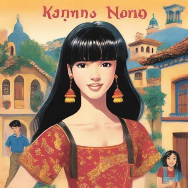 A book cover featuring a teenage girl named Naomi with black hair, straight bangs, and braces who moves to Spain