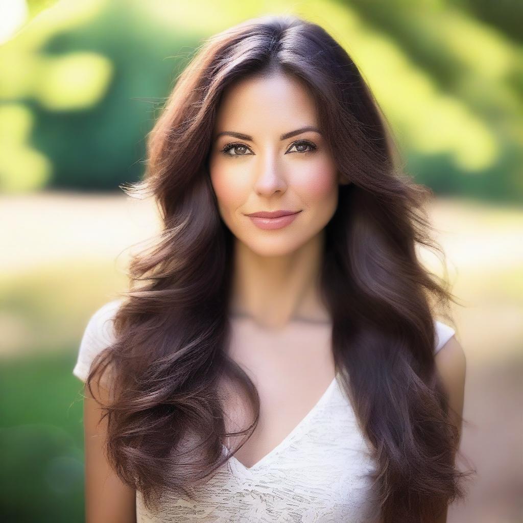 A detailed portrait of a brunette woman with flowing hair, captured in a natural outdoor setting with soft lighting