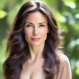 A detailed portrait of a brunette woman with flowing hair, captured in a natural outdoor setting with soft lighting