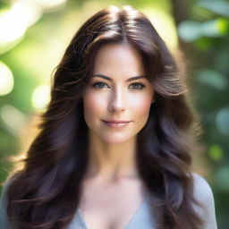 A detailed portrait of a brunette woman with flowing hair, captured in a natural outdoor setting with soft lighting