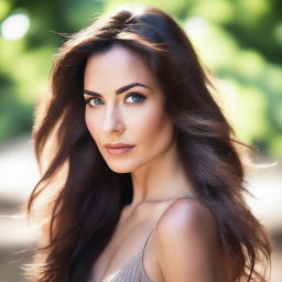 A detailed portrait of a brunette woman with flowing hair, captured in a natural outdoor setting with soft lighting