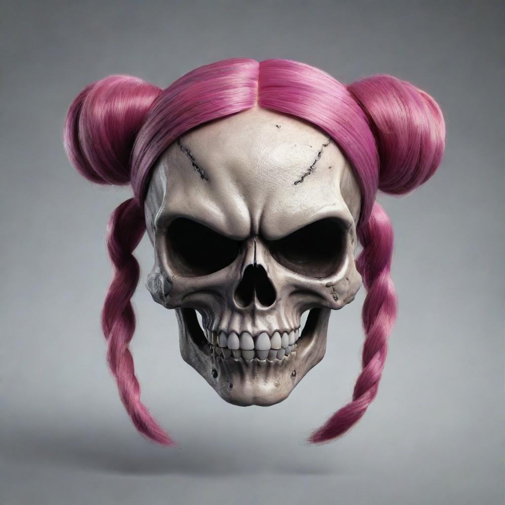 A 3D visualization of an Angry Pigtailed Skull Prestige Icon inspired by Call of Duty, blending the fierceness of a skull with playful pigtail elements.