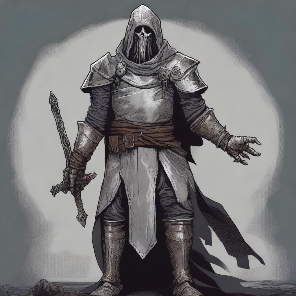 A detailed illustration of a Dungeons & Dragons character: a Human Paladin who has been turned into a revenant