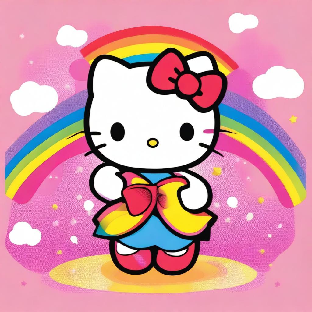 A cute and adorable image of Hello Kitty, the iconic character with a red bow on her head, standing in a colorful and cheerful setting