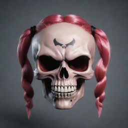 A 3D visualization of an Angry Pigtailed Skull Prestige Icon inspired by Call of Duty, blending the fierceness of a skull with playful pigtail elements.