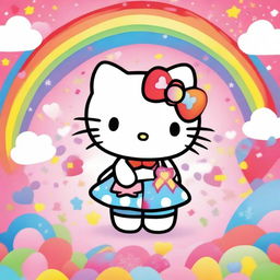 A cute and adorable image of Hello Kitty, the iconic character with a red bow on her head, standing in a colorful and cheerful setting