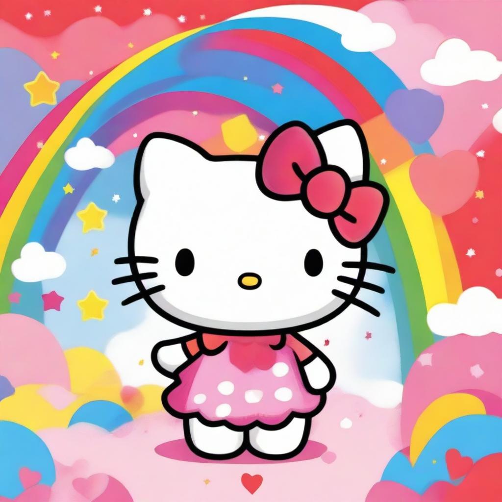 A cute and adorable image of Hello Kitty, the iconic character with a red bow on her head, standing in a colorful and cheerful setting