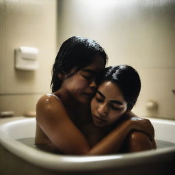 An Indonesian woman with a wet body sits on a man's lap in a bathroom