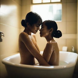 An Indonesian woman with a wet body sits on a man's lap in a bathroom