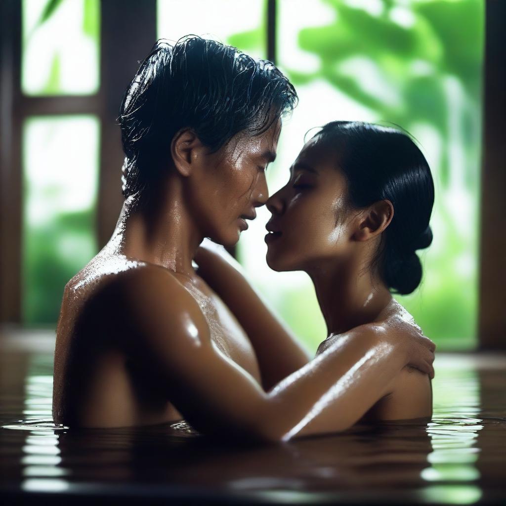 An Indonesian woman with a wet body is sitting on a man's lap