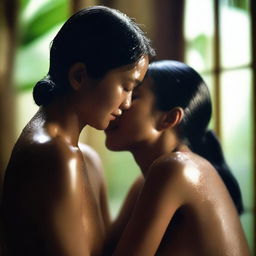 An Indonesian woman with a wet body is sitting on a man's lap