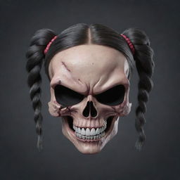 A 3D visualization of an Angry Pigtailed Skull Prestige Icon inspired by Call of Duty, blending the fierceness of a skull with playful pigtail elements.