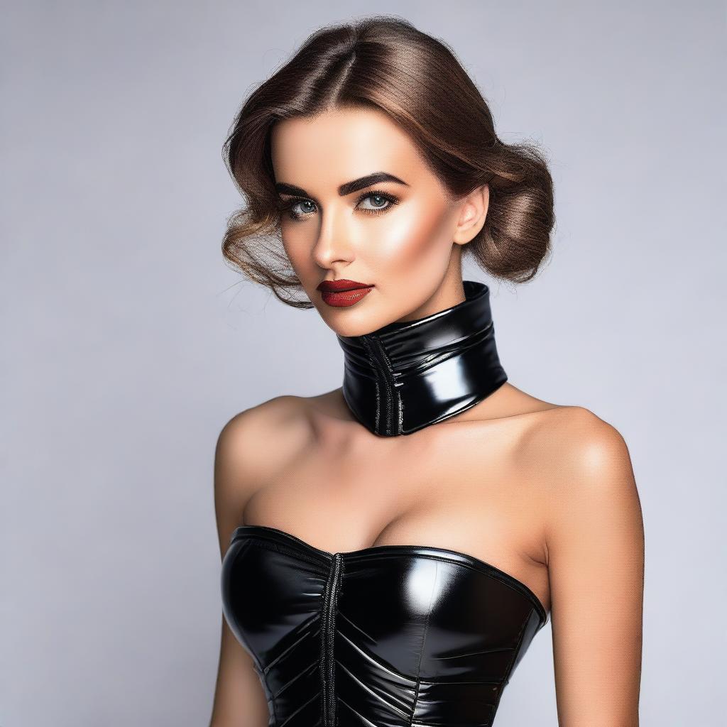 A stylish woman wearing a tight, black, shiny puffer corset