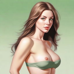 A depiction of a woman with an average height, a small waist, and proportions that include larger than average breasts and buttocks