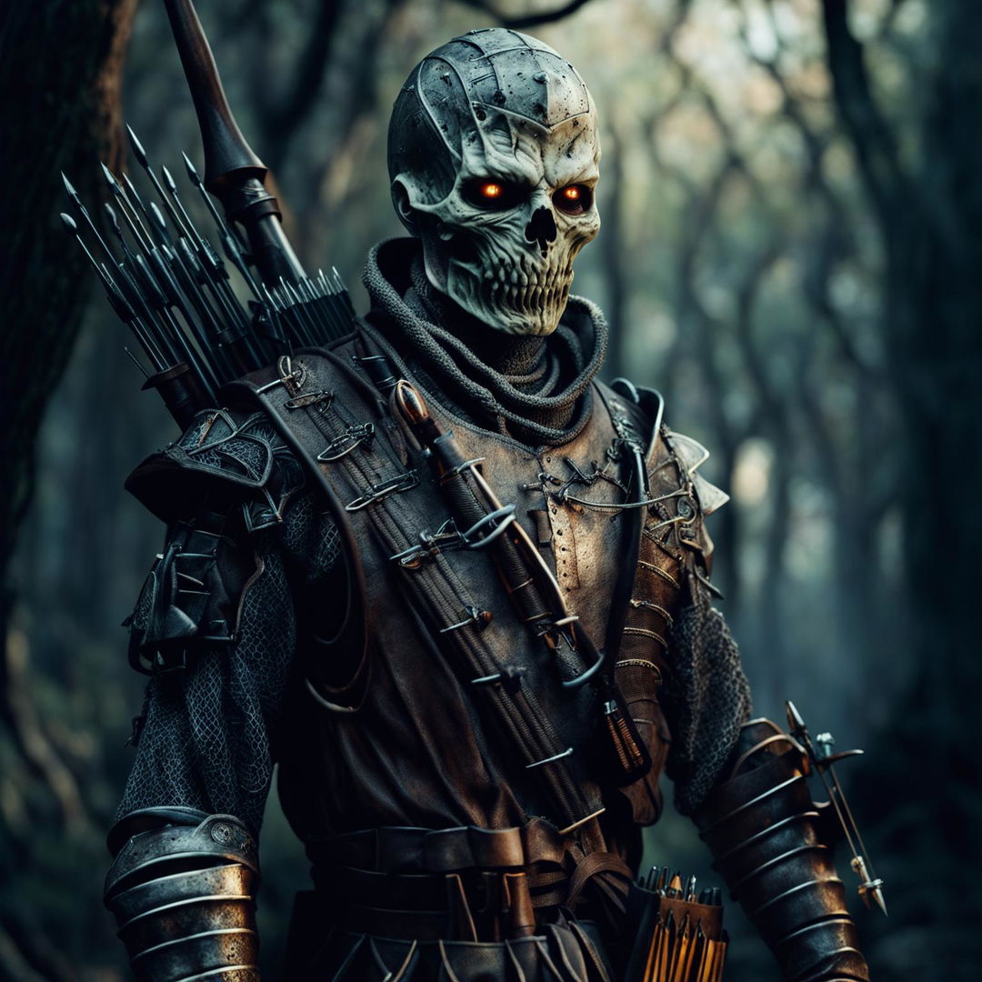 A detailed medieval portrait of an undead male human hunter