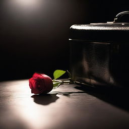 A simple rose placed on a stage with a briefcase beside it, illuminated under a spotlight