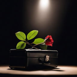 A simple rose placed on a stage with a briefcase beside it, illuminated under a spotlight