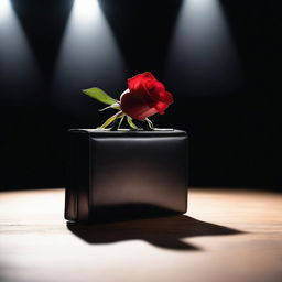 A simple rose placed on a stage with a briefcase beside it, illuminated under a spotlight