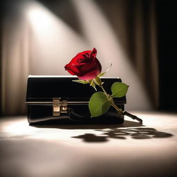 A simple rose placed on a stage with a briefcase beside it, illuminated under a spotlight