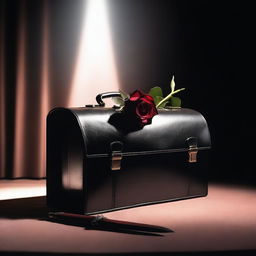 A detailed image of a briefcase, a rose, and a dagger placed on a stage under a spotlight