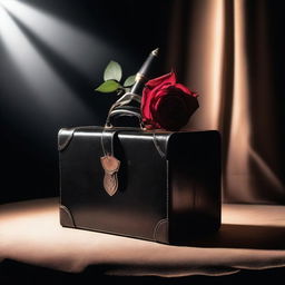 A detailed image of a briefcase, a rose, and a dagger placed on a stage under a spotlight