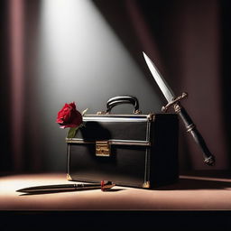 A detailed image of a briefcase, a rose, and a dagger placed on a stage under a spotlight