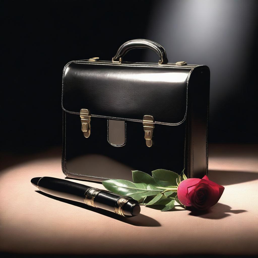 A detailed image of a briefcase, a rose, and a dagger placed on a stage under a spotlight