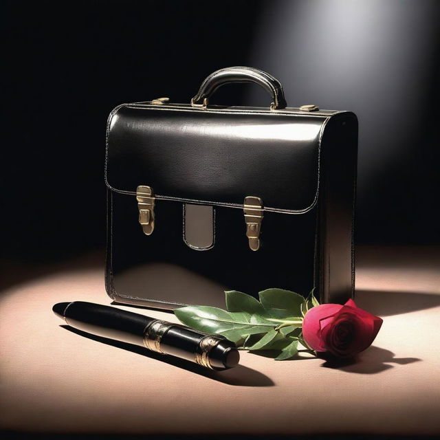 A detailed image of a briefcase, a rose, and a dagger placed on a stage under a spotlight