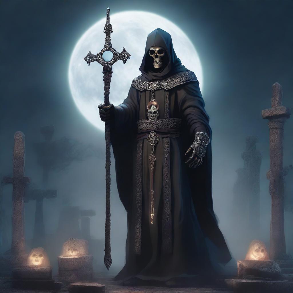 A powerful Death Domain Reborn Cleric, standing in a dark, eerie setting