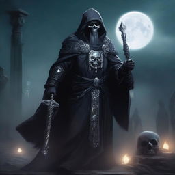 A powerful Death Domain Reborn Cleric, standing in a dark, eerie setting