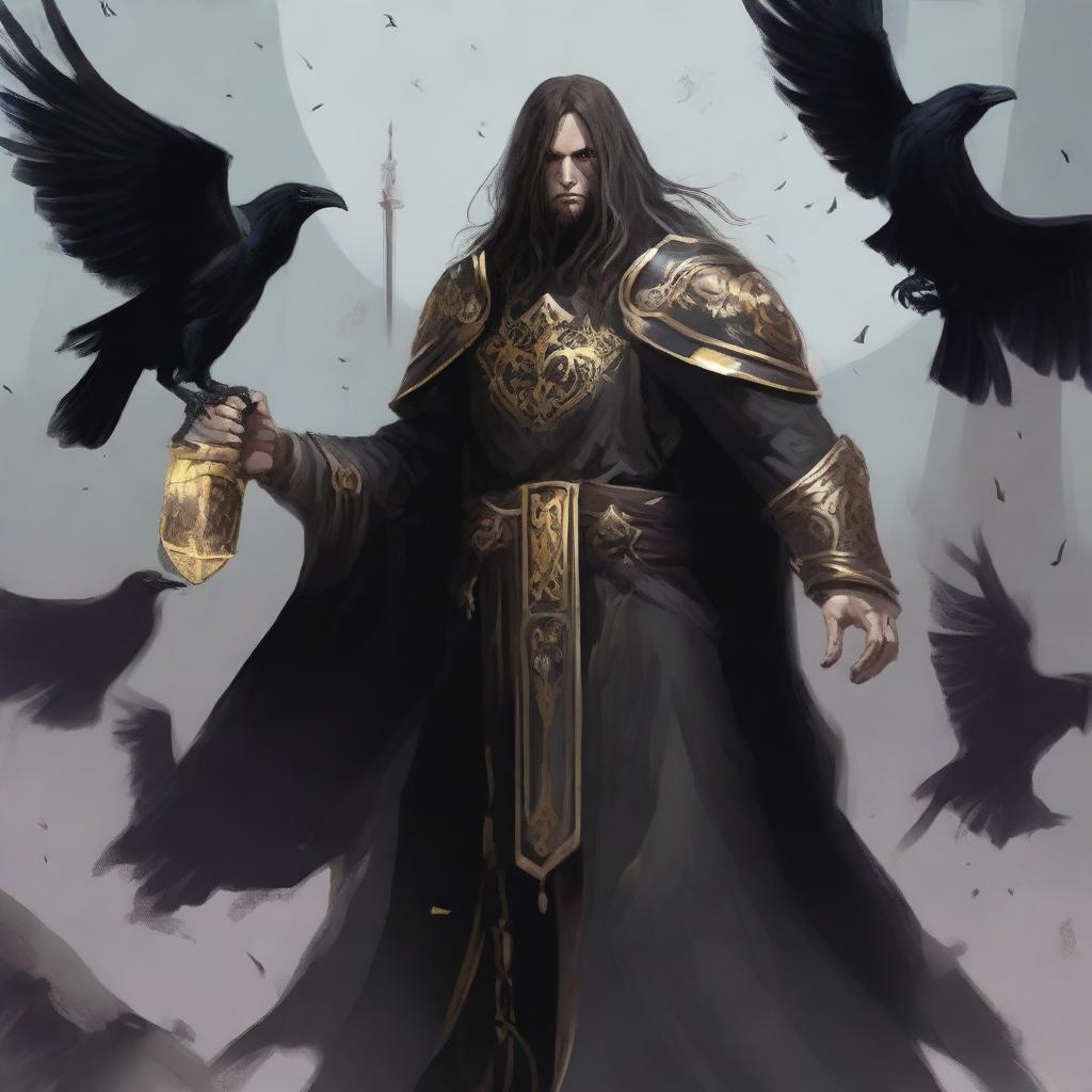 A Death Domain Reborn Cleric with long hair, surrounded by ravens