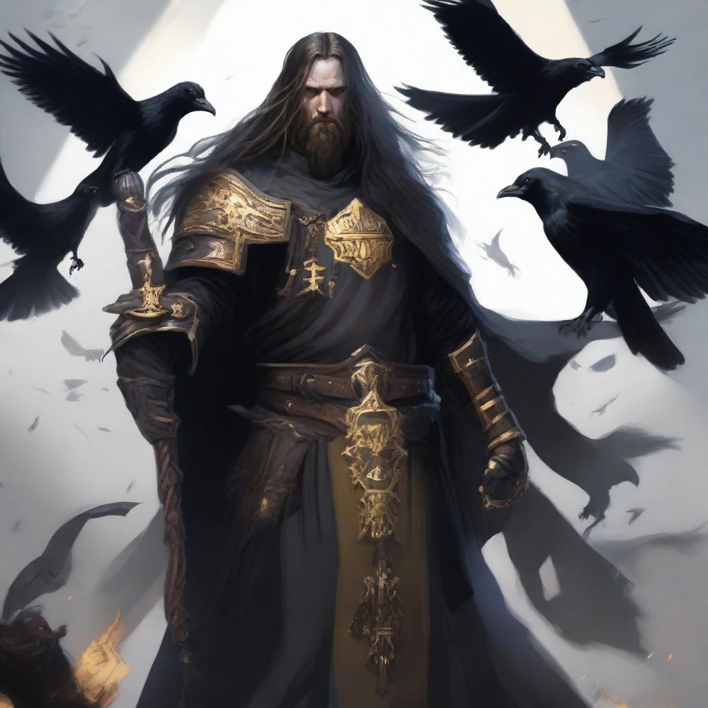 A Death Domain Reborn Cleric with long hair, surrounded by ravens