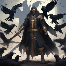 A Death Domain Reborn Cleric with long hair, surrounded by ravens