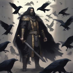 A Death Domain Reborn Cleric with long hair, surrounded by ravens