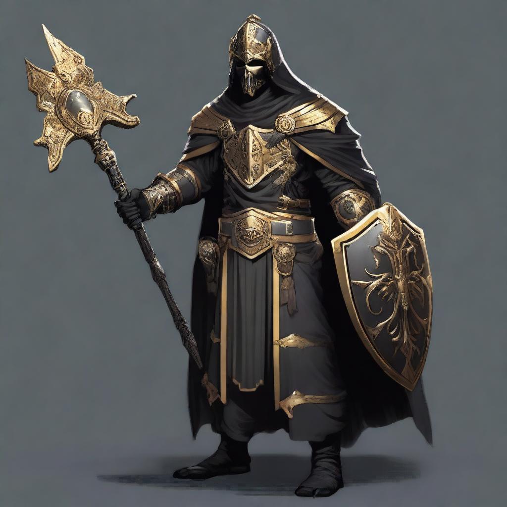 A Death Domain Reborn Cleric standing tall, wearing a helmet and adorned in black and gold equipment