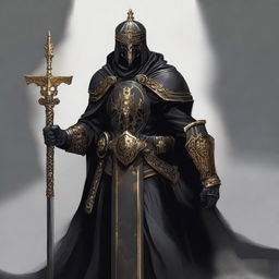 A Death Domain Reborn Cleric standing tall, wearing a helmet and adorned in black and gold equipment