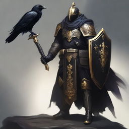 A Death Domain Reborn Cleric standing tall, wearing a helmet and adorned in black and gold equipment