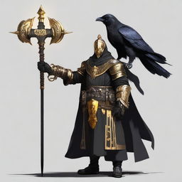 A Death Domain Reborn Cleric standing tall, wearing a helmet and adorned in black and gold equipment