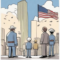 A cartoon-style movie poster depicting a scene related to the events of 9/11