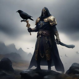 A Death Domain Cleric standing confidently with a helmet, adorned in black and gold equipment