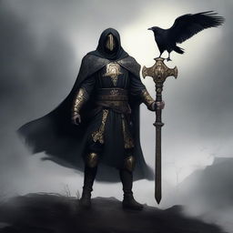 A Death Domain Cleric standing confidently with a helmet, adorned in black and gold equipment