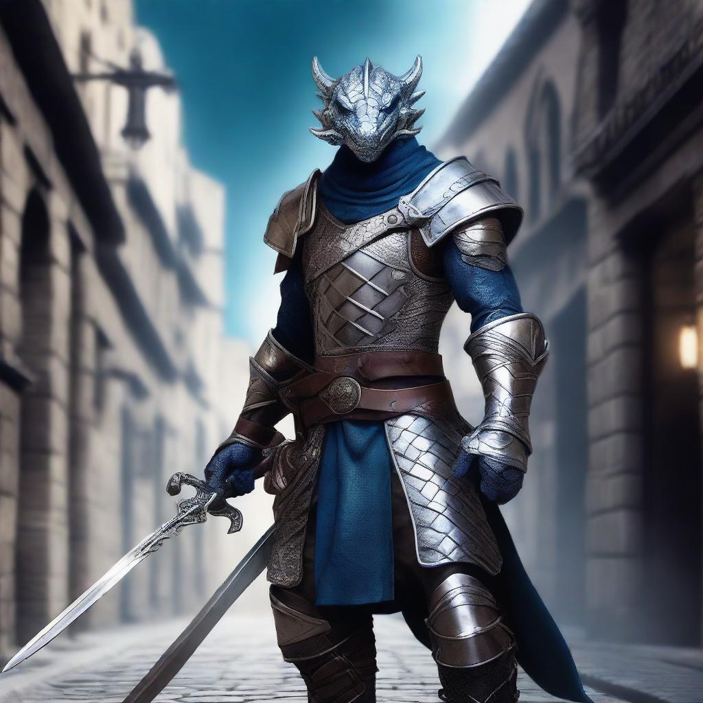 High quality image of a male silver dragonborn rogue from Dungeons and Dragons